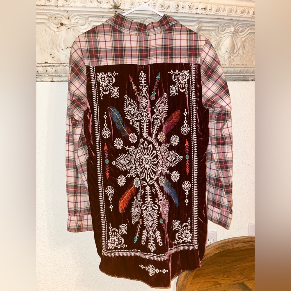 Johnny Was Plaid and Burgundy Embroidered Shirt